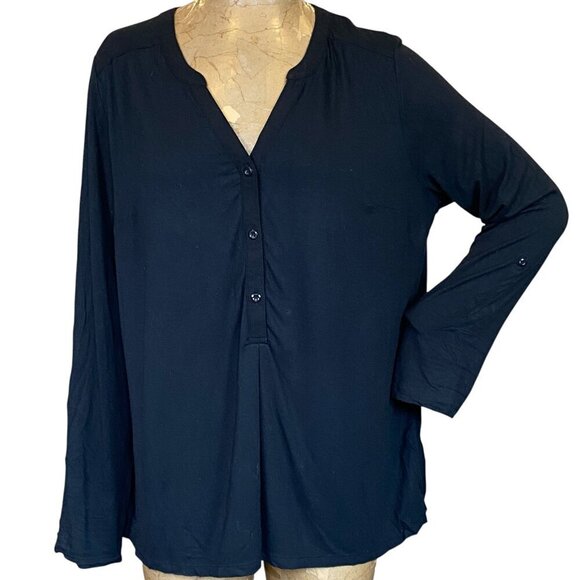 AVA & VIV  V-Neck Stretch Top Roll Tab Sleeve Womens Plus Sz 1X Black #215D - Picture 1 of 6